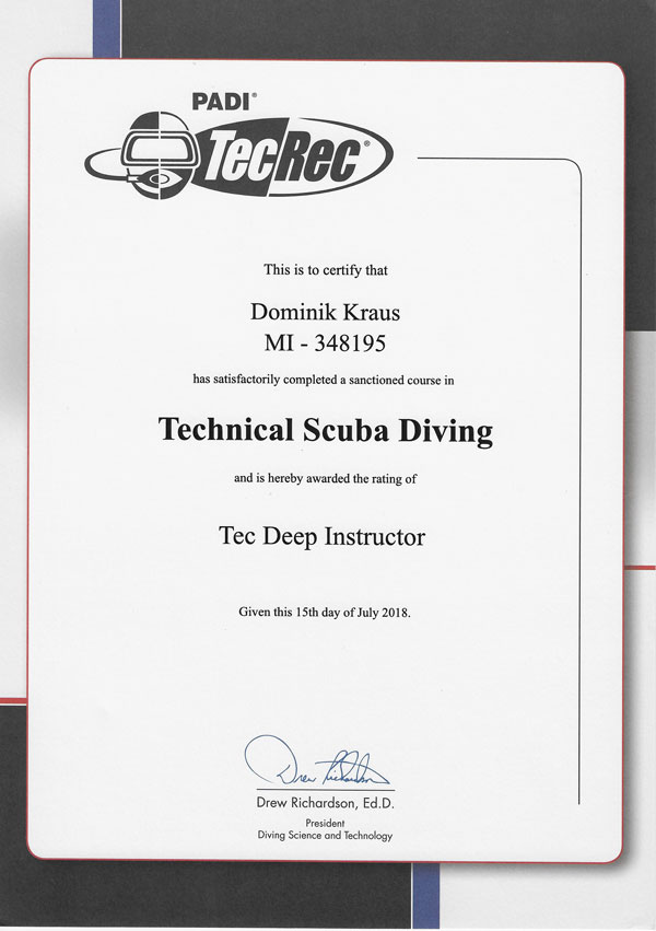 PADI Tec Deep Instructor Dominik Kraus, Tauch aktiv PADI Tec Deep Instructor Dominik Kraus, Tauch aktiv